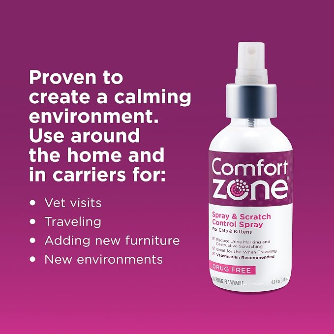 Comfort Zone Cat Calming Spray for kittens & cats, 118 mL, Value Size | Calming spray for cats, helps reduce urine marking and scratching on furniture, expert recommended, drug- and fragrance-free