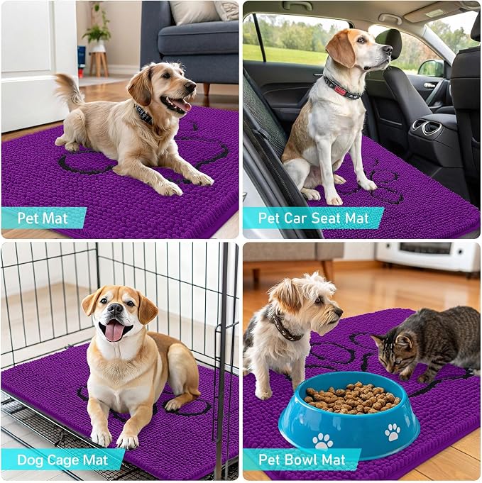 OLANLY Dog Door Mat for Muddy Paws 30x20, Paw Print Design Chenille Mud Mat | Purple, Absorbent, Traps Moisture and Dirt, Non-Slip Washable Doormat, Quick-Drying Indoor Entryway Floor Carpet for Dogs