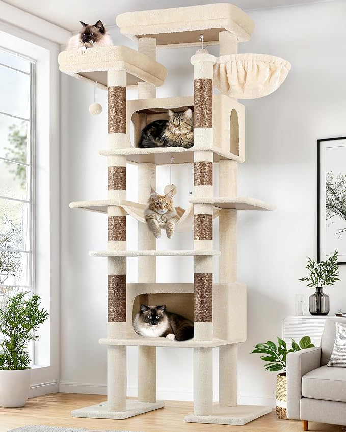 Globlazer Giant Tall Heavy Duty Cat Tower for Indoor Large Cats, F83B | XXL Multi-Level Large Cat Condo with 8 Scratching Posts, Hammock, 2 Cat Caves, 2 Platform, Beige