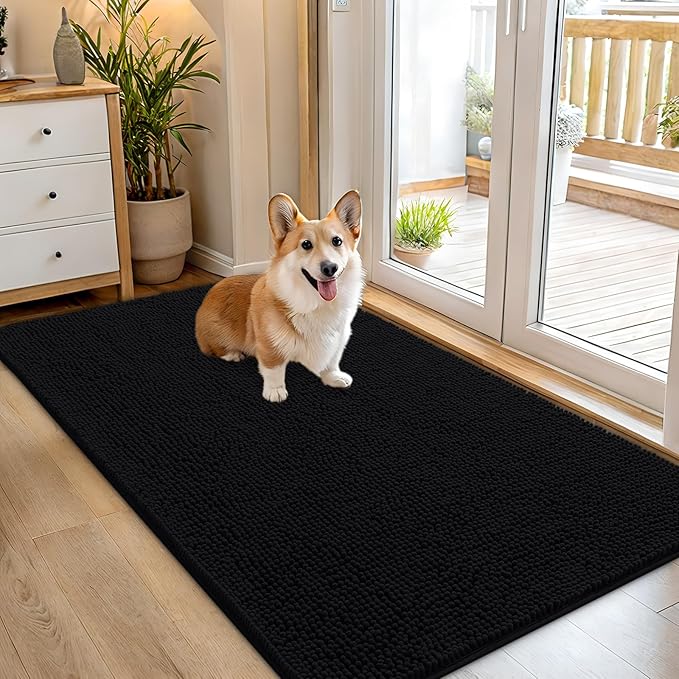 OLANLY Dog Door Mat for Muddy Paws 54x32, Super Absorbent Chenille Mud Mat | Black, Absorbs Moisture and Dirt, Non-Slip Machine Washable Doormat, Quick-Drying Indoor Entryway Floor Carpet for Dogs