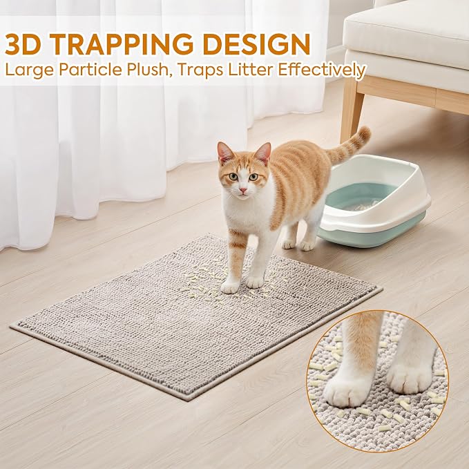 Pieviev Soft Chenille Cat Litter Box Mat, Ultra Absorbent, 36'' x 30'' | Long Plush Chenille Traps Cat Deeply, Waterproof Tpr Anti-Slip Backing, Absorbs Moisture, Machine Washable Cat Mat