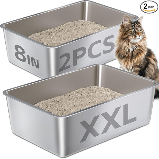 Stainless Steel Litter Box,Metal Litter Box for Big Cats 8IN Deep, Cat Litterbox 2 Pack Easy to Clean-High Sided,Stainless Steel CatLitters Box for Adult Cats,Non Stick, No Smell