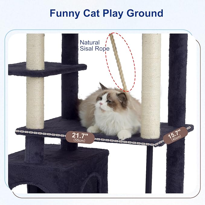 Cat Tree, Cat Tower with Sturdy Steel Tube, Large Perch GCT024G | 70.5'' Cat Furniture with Scratching Post, Hammock, Basket and Big Platform for Indoor Cats Large Adult, Drak Gray