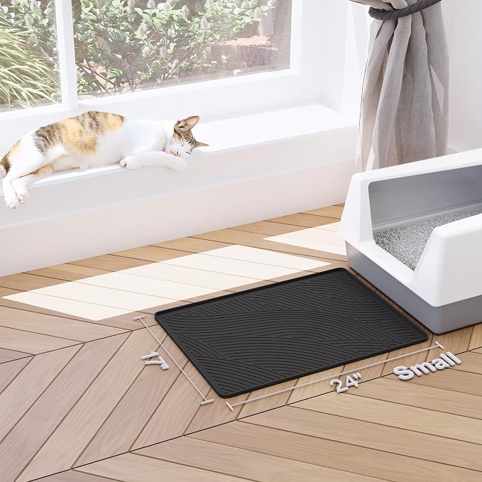 Cat Litter Box Mat - SM Small Medium Size 24 x 17 in, Water Proof, Kitty Litter Trapping Mat, Easy to Clean, Scatter Control, Odorless, Pet Supplies for Indoor Cats, Dark Gray