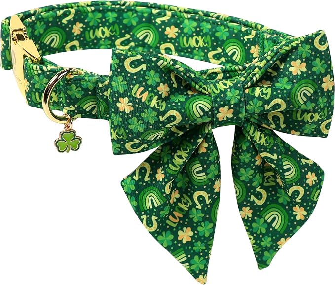 DOGWONG St. Patrick's Day Dog Collar with Sailor Bow Tie- Lucky Shamrock Bowtie Collar for Girl Boy Dog, Trefoil Dogs Collars Durable Adjustable, XS