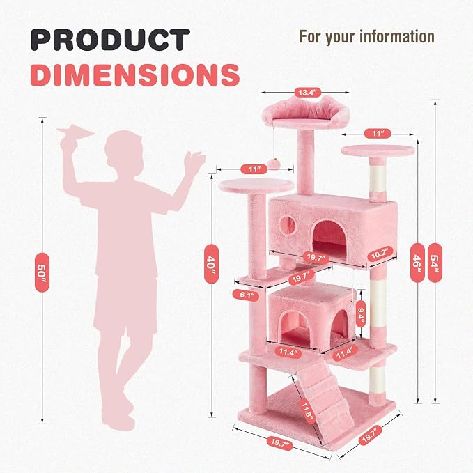 54 Inch Cat Tree Tower with Natural Sisal Scratching Post | Multi-Level Cat Climbing Tower with Hammock, Pet Condo for Indoor Cats and Kittens, Pink