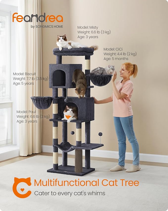 Feandrea Cat Tree, 69-Inch Tall Cat Tower, Multi-Level Plush Condo with 2 Caves, 2 Baskets, 5 Scratching Posts, Self-Groomer, Perch, Hammock, Dark Gray UPCT182G02