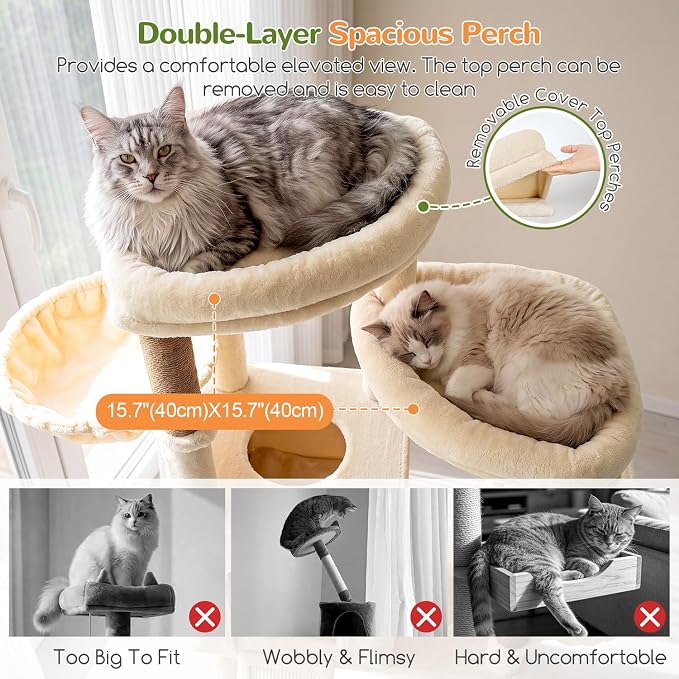 Globlazer Sturdy Cat Tower for Indoor Cats 20lbs, 76in, S76E, Beige | Heavy Duty Cat Tree for Adult Big Cats Maine Coon with Scratching Post, 2 Extra Large Top Perch, 2 Padded Cat Condos