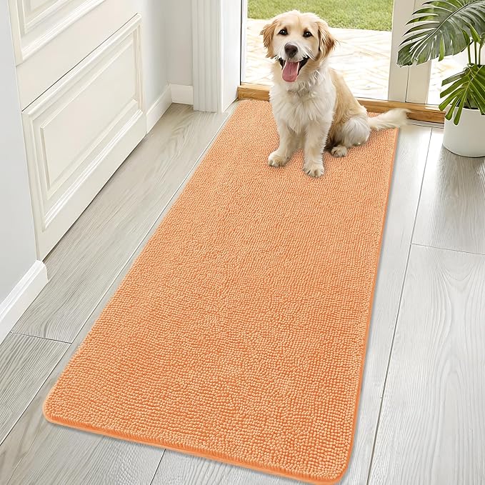 OLANLY Dog Door Mat for Muddy Paws 70x32, Super Absorbent Chenille Mud Mat | Orange, Absorbs Moisture and Dirt, Non-Slip Machine Washable Doormat, Quick-Drying Indoor Entryway Floor Carpet for Dogs