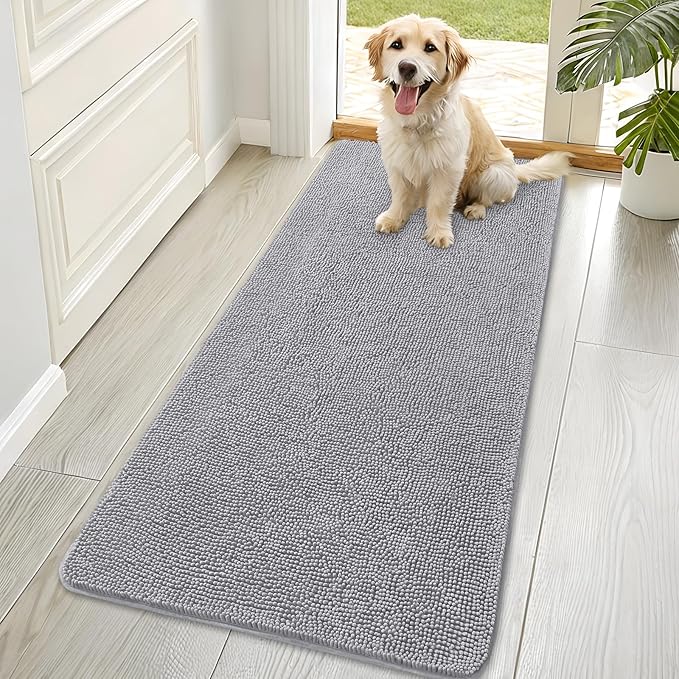 OLANLY Dog Door Mat for Muddy Paws 70x35, Super Absorbent Chenille Mud Mat | Light Grey, Absorbs Moisture and Dirt, Non-Slip Machine Washable Doormat, Quick-Drying Indoor Entryway Floor Carpet for Dogs