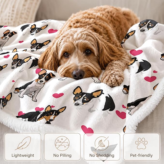 BlessLiving Rat Terrier White Throw Blanket with Dense Black Dog Patterns Sherpa Fleece Blanket Couch Bed, Soft Cozy Warm Pet Blankets for Puppy Lovers Pink Heart Cute Animal Print Gift 60x80 Inches