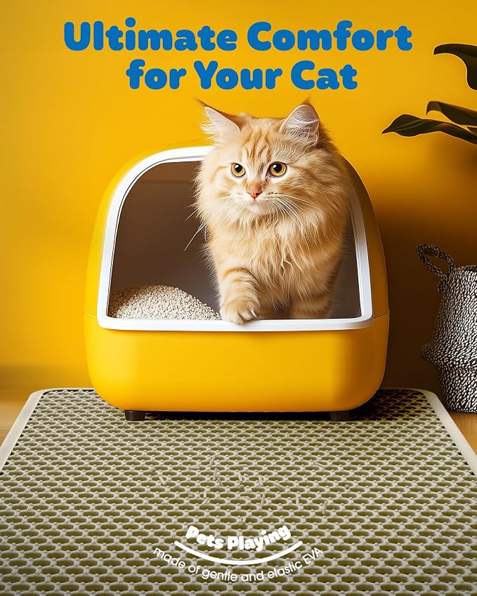 Powools Cat Litter Mat, 23.2 x 14.6 in, Waterproof, Non-Slip, Beige | Litter Trapping Mat, Easy to Clean, Litter Box Mat, Urine-Proof, Cat Toilet Training Systems Accessories, Indoor Cats