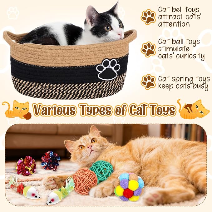 Sosation 70 Pcs Cat Easter Storage Basket Gift Toys Set Colorful Indoor Kitten Toy Assortment Including Mice, Rainbow Balls, Crinkle Balls, Springs Instinct Basket for Cats Interactive Play(Cute)