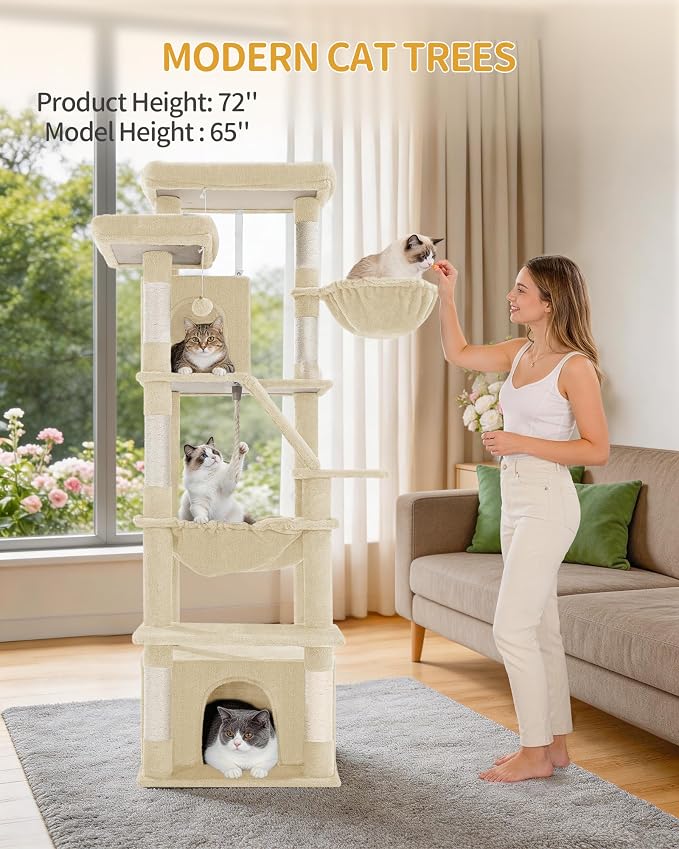 Hzuaneri Large Cat Tree, 72 Inch Tall Multi-Level Cat Tower for Indoor Cats | Cat Condo Furniture with 6 with Sisal Scratching Posts, 2 Large Platforms, 2 Cats House, Hanging Basket, Beige MS18318YG