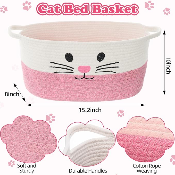 Leitee 15.2" X 10" X 8" 100 Pcs Cat Bed Storage Basket Gift Cat Variety Toys Set Cotton Rope Basket, Fish Mice Pet Bell Colorful Crinkle Balls Spring Toy for Kitten Swat Interactive (Basic,Pink,White)