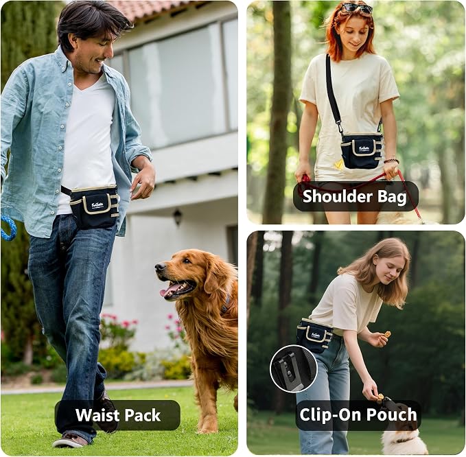 Dog Treat Pouch with Magnetic Closure for Pet Training | 3-Way Wear Treat Bag, 900D Waterproof Fabric, 4 Storage Spaces for Walking, Hiking, Agility, Training & Daily Rewards