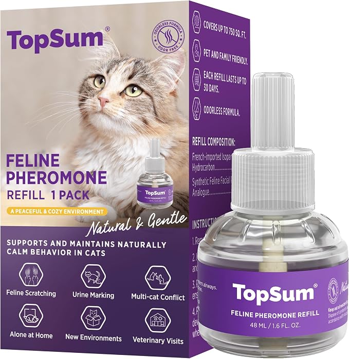 TopSum Cat Calming Pheromone Diffuser: Feline Pheromones Plug in for Stress, Alone At Home, Spraying, Fighting, Scratching, Aggression & Excessive Meowing (1 Refill)
