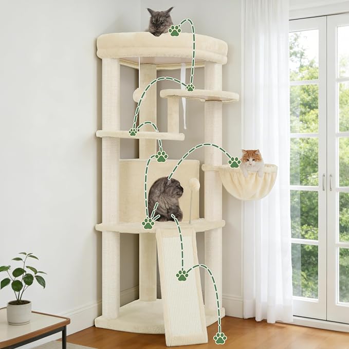 Corner Cat Tree Tower with All Sisal Scratching Posts GCT025MU | 44.1" Cat Furniture with Multi-level Cat Condo, Cat Cave, Hanging Basket, Sisal Scratching Ramp for Indoor Cats, Beige
