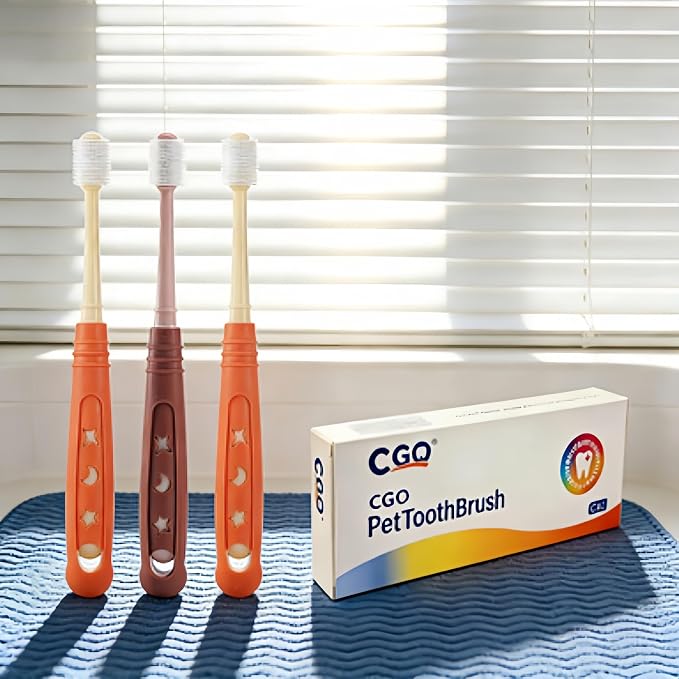 CGO Silicone 360° Toothbrush for Small Dogs & Cats - 3 Pack Round Head Pet Toothbrush, Gentle Chewable Brush with Soft Bristles, Dental Care Kit for Puppy Kitten Oral Hygiene (2 Orange, 1 Brown)