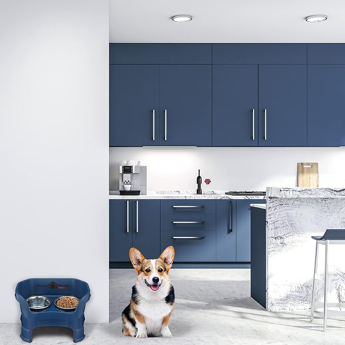 Neater Feeder Deluxe Mess-Proof Elevated Dog Bowls for Medium Dogs (19–40 lbs), 2 Height Adjustable (10” & 12.5”) No-Spill Raised Dog Bowl Stand, Stainless Steel Food Bowl Set, Made in USA, Dark Blue