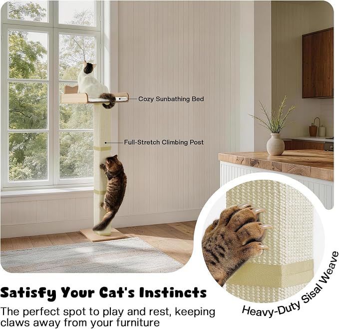 Cat Window Perch with Thick Sisal Scratching Post, Cat Hammock for Window, 53.5" Adjustable Tall Cats Scratching Post with 2 Upgrade Suction Cups, Cats Window Bed with Fluffy Cushion, Sisal