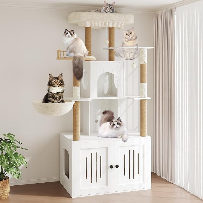 TrailBlaze Modern Multi-Level Cat Tree with Hidden Litter Box Enclosure - Soft Perch - Sisal Scratching Posts & Hammock - Spacious Cat Condo Furniture for Indoor Cats - White