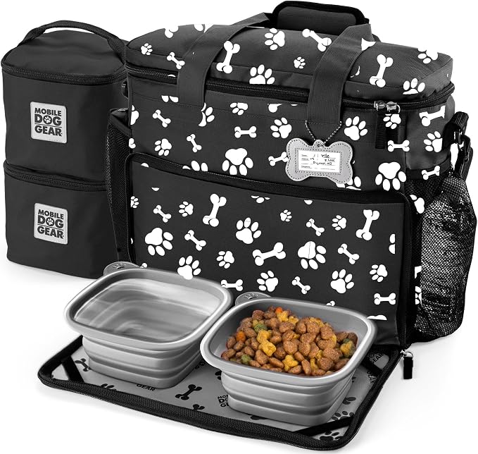 Week Away Dog Travel Bag (15"x7"x14", Paw Print) - Includes 2 Pet Food Storage Containers + 2 Collapsible Dog Water Bowls - Airline Approved Travel Accessories, Great for Weekend Trips
