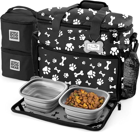 Week Away Dog Travel Bag (15"x7"x14", Paw Print) - Includes 2 Pet Food Storage Containers + 2 Collapsible Dog Water Bowls - Airline Approved Travel Accessories, Great for Weekend Trips