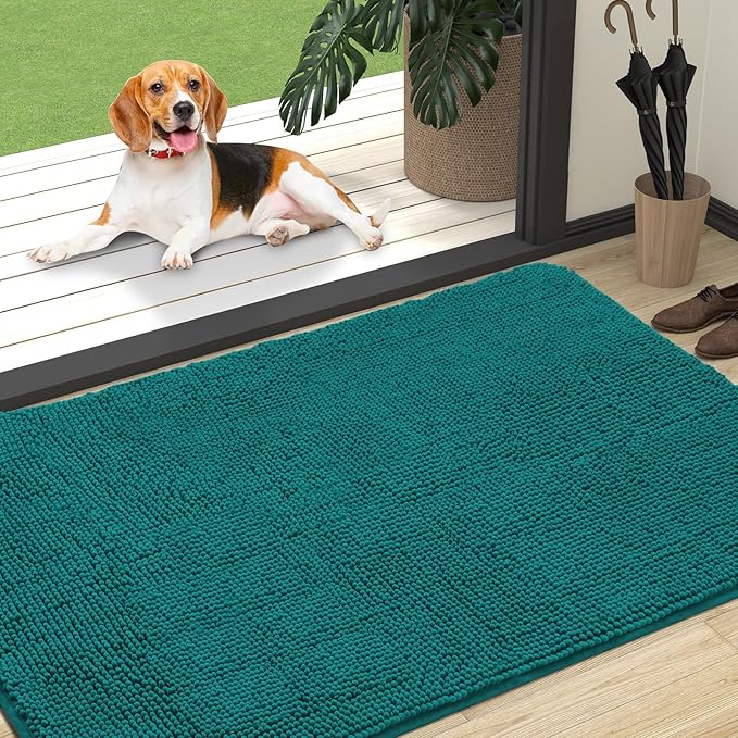 OLANLY Dog Door Mat for Muddy Paws 47x32, Super Absorbent Chenille Mud Mat | Lake Blue, Absorbs Moisture and Dirt, Non-Slip Machine Washable Doormat, Quick-Drying Indoor Entryway Floor Carpet for Dogs