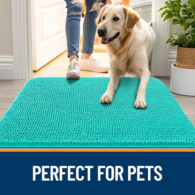 OLANLY Dog Door Mat for Muddy Paws 70x35, Super Absorbent Chenille Mud Mat | Teal, Absorbs Moisture and Dirt, Non-Slip Machine Washable Doormat, Quick-Drying Indoor Entryway Floor Carpet for Dogs