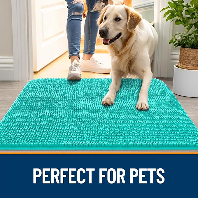 OLANLY Dog Door Mat for Muddy Paws 54x24, Super Absorbent Chenille Mud Mat | Teal, Absorbs Moisture and Dirt, Non-Slip Machine Washable Doormat, Quick-Drying Indoor Entryway Floor Carpet for Dogs