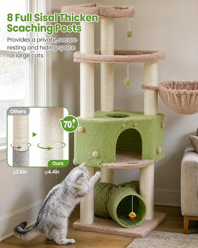 Cat Tree Tower for Large Cats Adult - 60 Inch XXL Sturdy Heavy Duty Extra Wide Scratching Posts (φ4.4in) Condo - Indoor Big Cat House Hammock Perch - XL Wood Multi Level Feline Pet Bed Trees Houses