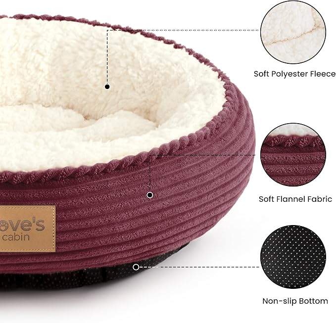 Love's cabin Round Donut Cat and Dog Cushion Bed, 20in Pet Bed for Cats or Small Dogs, Anti-Slip & Water-Resistant Bottom, Super Soft Durable Fabric Pet beds, Washable Luxury Bed Burgundy Stripe