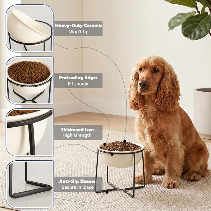 Ceramic Elevated Dog Food Bowl - Heavyweight Feeding Bowl with Metal Stand - Raised Pet Dish for Medium and Larges Dogs - 5.8 Cups - 47.3 oz - Beige