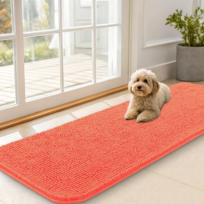 OLANLY Dog Door Mat for Muddy Paws 59x20, Super Absorbent Chenille Mud Mat | Coral, Absorbs Moisture and Dirt, Non-Slip Machine Washable Doormat, Quick-Drying Indoor Entryway Floor Carpet for Dogs
