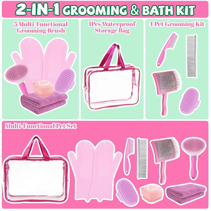 8PCS Dog Slicker Brush for Dogs Grooming Kit,Bath Grooming Kit for Pets,Hair Brush Set with Towel,Washing Gloves,Slicker Comb,and Shampoo Scrubber Brush for Small and Large Dogs and Cats Cats(Pink)