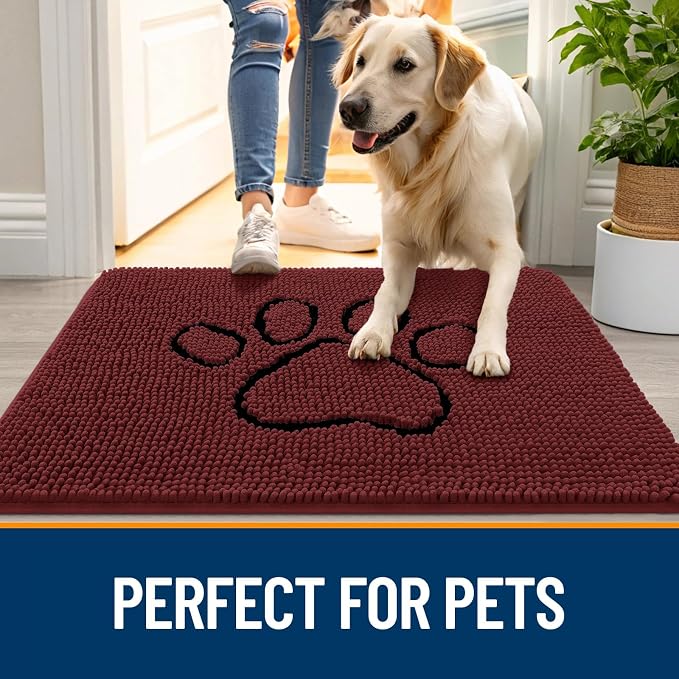 OLANLY Dog Door Mat for Muddy Paws 30x20, Paw Print Design Chenille Mud Mat | Caramel Russet, Absorbent, Traps Moisture and Dirt, Non-Slip Washable Doormat, Quick-Dry Indoor Entryway Carpet for Dogs
