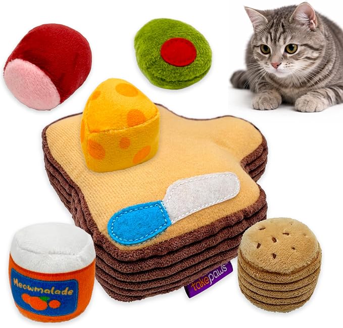 Pounce & Purr Charcuterie Cat Toy Set with Catnip & Silvervine 6-Piece Plush Cat Toys for Indoor Cats, Kitten Chew Toy, Kicker & Unique Cat Gift - Cheese Board Playset