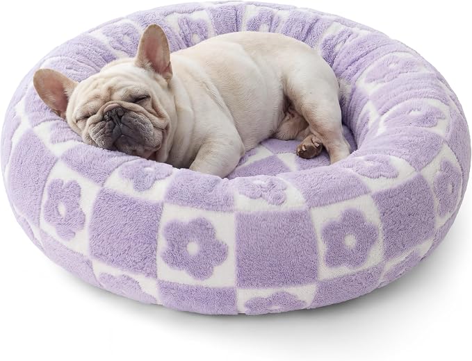 LE SURE Shown on TV Donut Dog Bed Medium - Round Cat Beds Indoor as Bed Gift for Calming with Washable Cover, Cute Home Decor Bed with Jacquard Shaggy Plush & Anti Slip Bottom, 30 Inch, Flower Checks