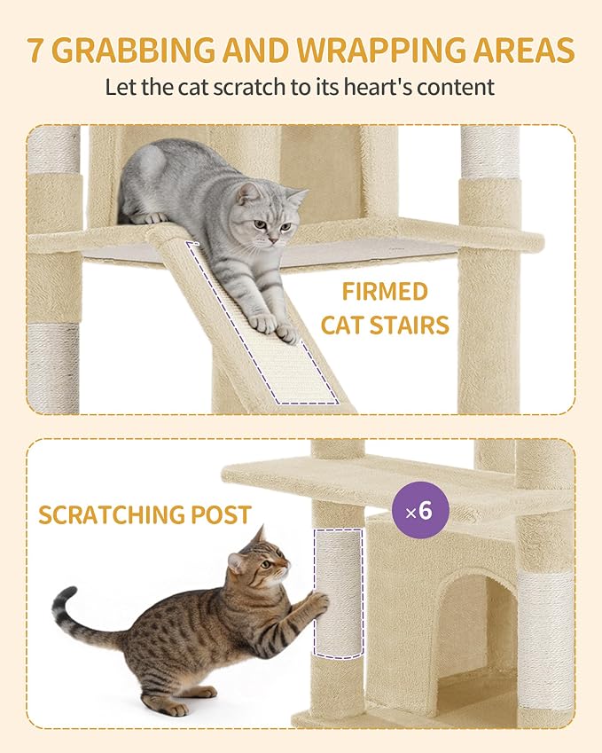Hzuaneri Large Cat Tree, 72 Inch Tall Multi-Level Cat Tower for Indoor Cats | Cat Condo Furniture with 6 with Sisal Scratching Posts, 2 Large Platforms, 2 Cats House, Hanging Basket, Beige MS18318YG