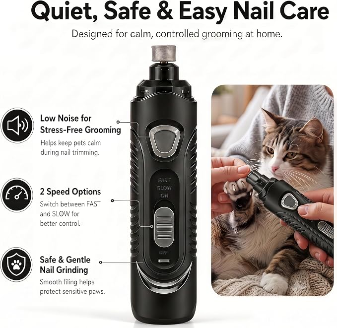 Pet Nail Grinder for Dogs and Cats, 2-Speed Electric Dog Nail Trimmer, Extral Steel Pet Nail Clipper, Rechargeable 2000mAh Nail Grinder for Small Medium Large Dogs with 2 LED Lights, Black