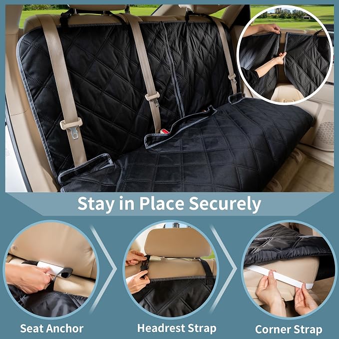 ZQ Bench Car Seat Cover for Dogs, Waterproof Rear Seat Protector Stays Securely in Place for Pets, Dog Backseat Cover Fit for Standard Cars & SUVs (Black)