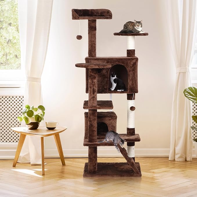 ZENY 53 inches Cat Tree with Sisal-Covered Scratching Posts and 2 Plush Rooms Cat Furniture for Kittens (Brown)
