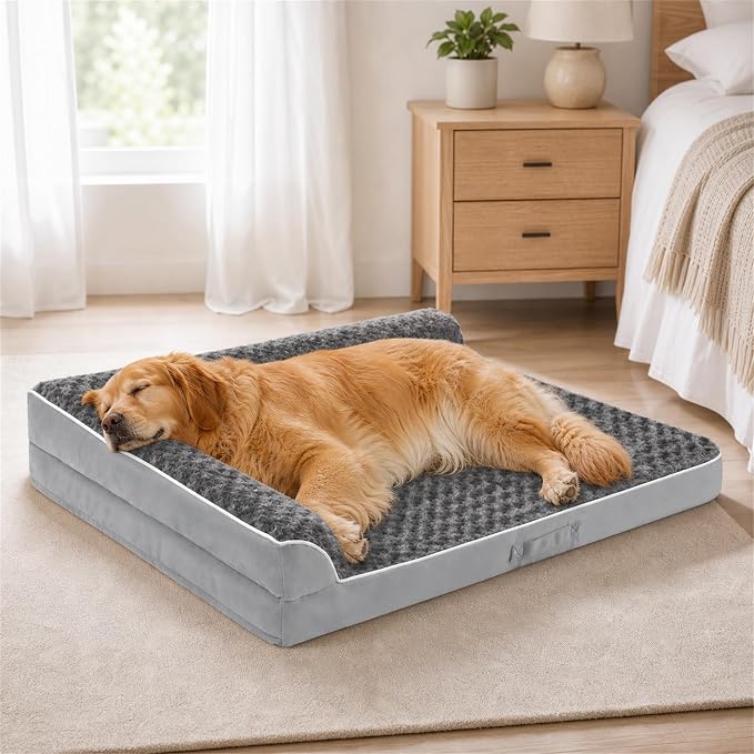 Dog Beds Large Sized Dogs, XL Orthopedic Dog Beds for Large Dogs 42"x30"x7.5", Waterproof Pet Bed with Washable Cover, L-Shaped Pet Couch with Portable Handle, Grey