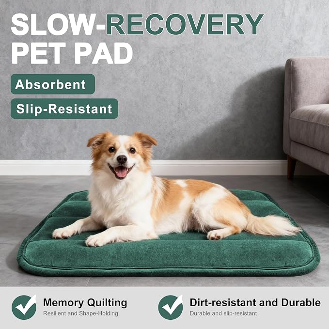 Dog Bed Mat, Reversible Dog Crate Pad with Washable Kennel Mat and Soft Foam, Flat Pet Bed for Dogs & Cats, for Crates Carriers & Travel (Green, 28" L*16" W*1.5" Th)