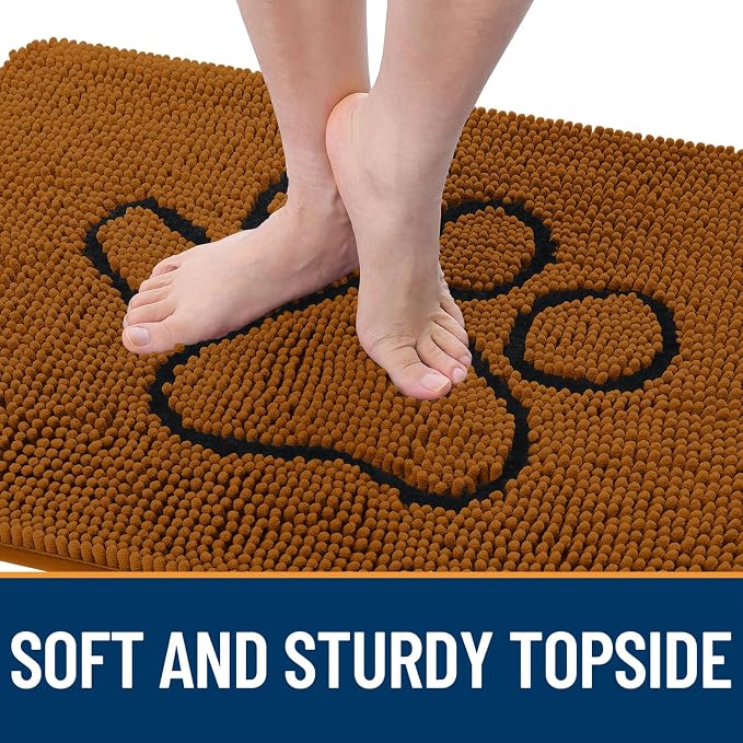 OLANLY Dog Door Mat for Muddy Paws 30x20, Paw Print Design Chenille Mud Mat | Ochre, Absorbent, Traps Moisture and Dirt, Non-Slip Washable Doormat, Quick-Drying Indoor Entryway Floor Carpet for Dogs