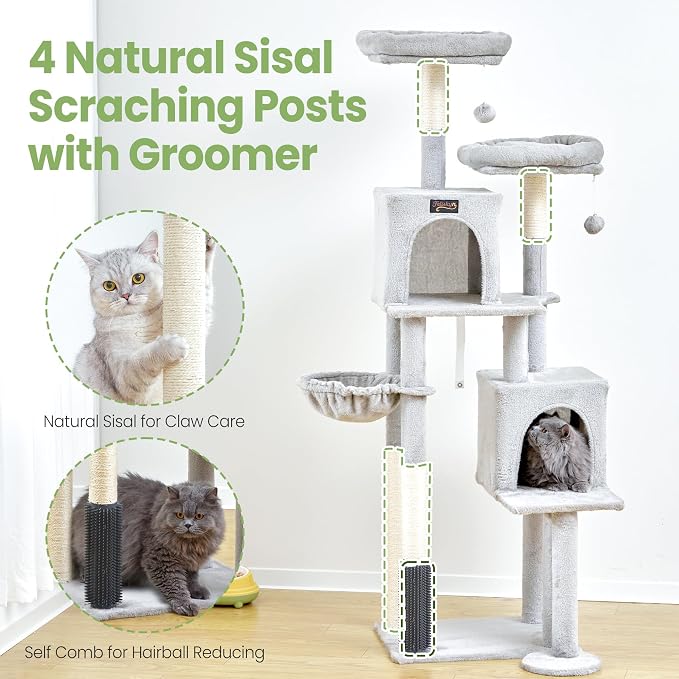 Cat Tree Tower for Indoor Cats Large Adult - 65 inch Extra Tall Cat Condo Trees with Scratching Post Hammock Perch - XL Sturdy Big Heavy Duty Multi Level Cat House Towers - Kitty Climbing Furniture