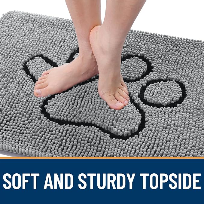 OLANLY Dog Door Mat for Muddy Paws 70x46, Paw Print Design Chenille Mud Mat | Grey, Super Absorbent, Traps Moisture and Dirt, Non-Slip Washable Doormat, Quick-Drying Indoor Entryway Floor Carpet for Dogs