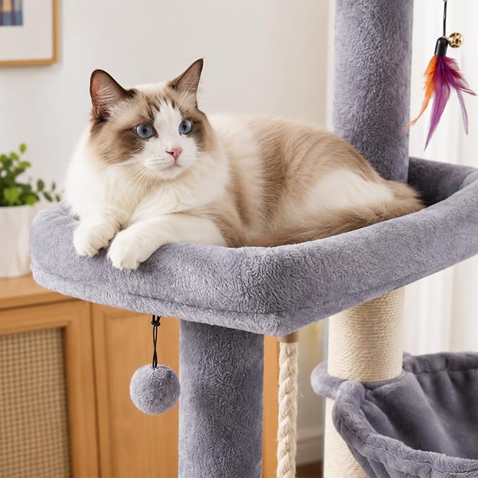 Multi-Level Cat Tree for Indoor Cats, Cat Tree Tower with Big Cat Hammock Indoor Climbing Activity Tower with Scratching Posts, Grey