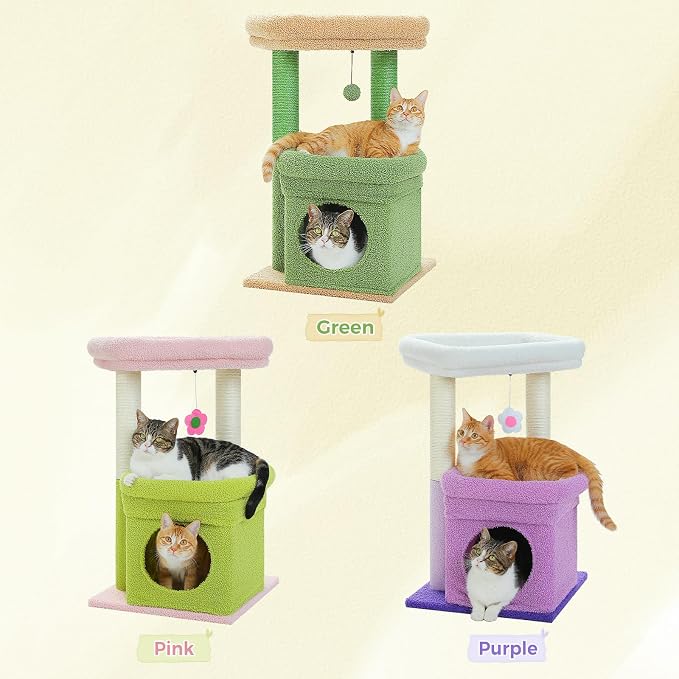 PEQULTI Cat Tree Flower Cat Tower for Indoor Cats with Private Cozy Cat Condo, Natural Sisal Scratching Posts and Plush Pom-pom for Small Cats, Pink